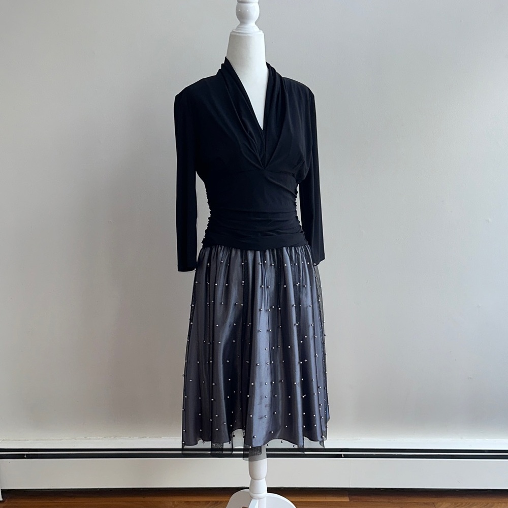 Pretty Black and Gray Party Dress with Black Pearl Detail